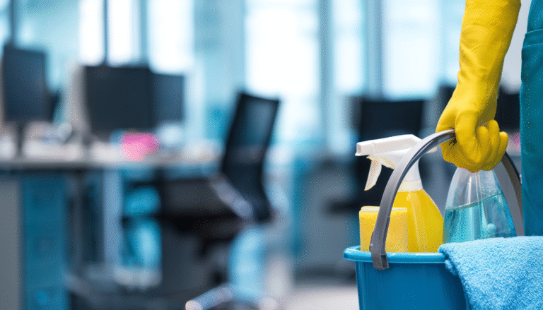 Professional cleaning crew sanitizing office desks in Lancaster PA