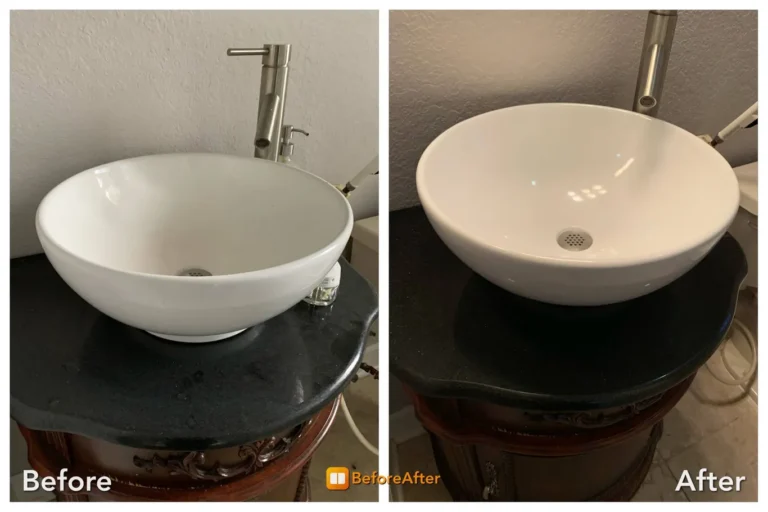 Bathroom vessel sink before and after cleaning by Tanya's ShineMasters in Lancaster County, PA