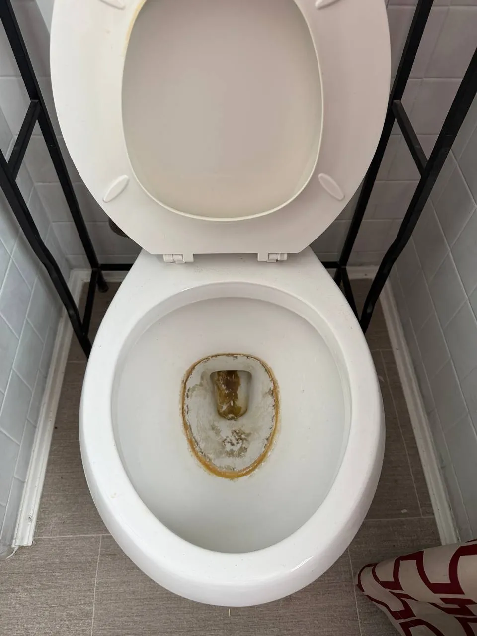 Toilet bowl with heavy limescale and staining before deep cleaning